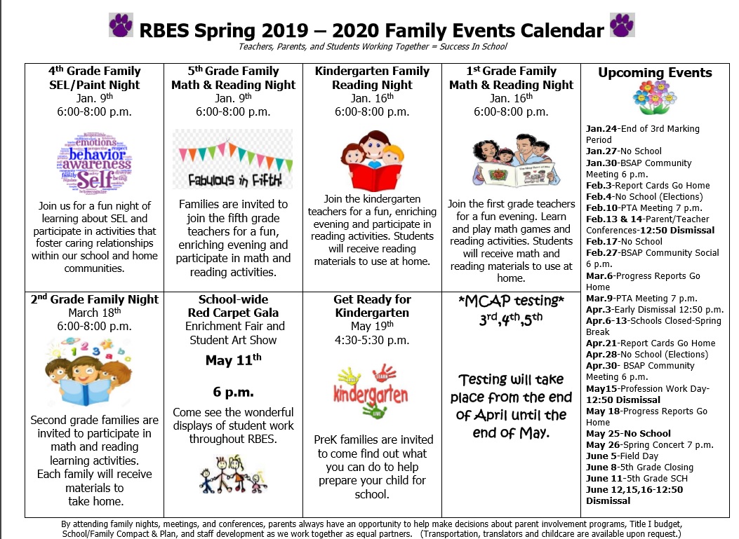 Family Events Calendar Spring 2020 Running Brook Elementary School